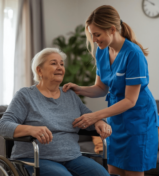 A friendly carer providing Disability Support Care in Bulimba to a senior woman seated in a wheelchair.