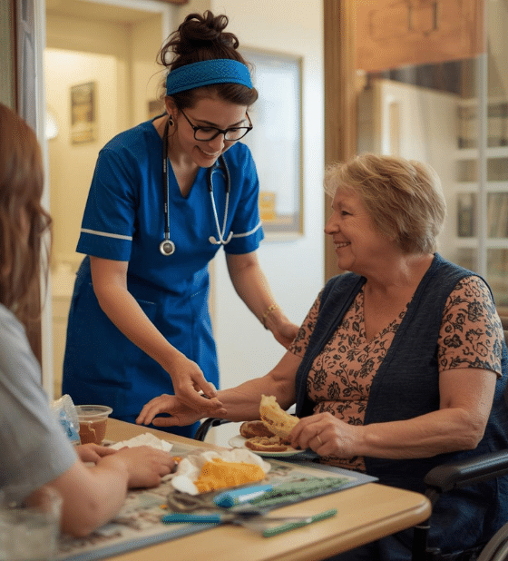 Disability Support Care in Fortitude Valley worker helping a client enjoy a meal, providing personal support at the table.