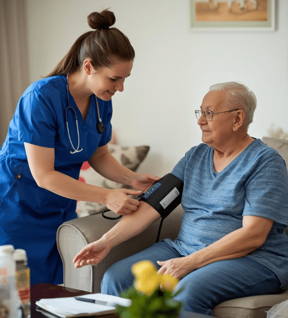 Registered nurse delivering medical In-Home Care Services in Woolloongabba, checking an elderly woman's blood pressure.
