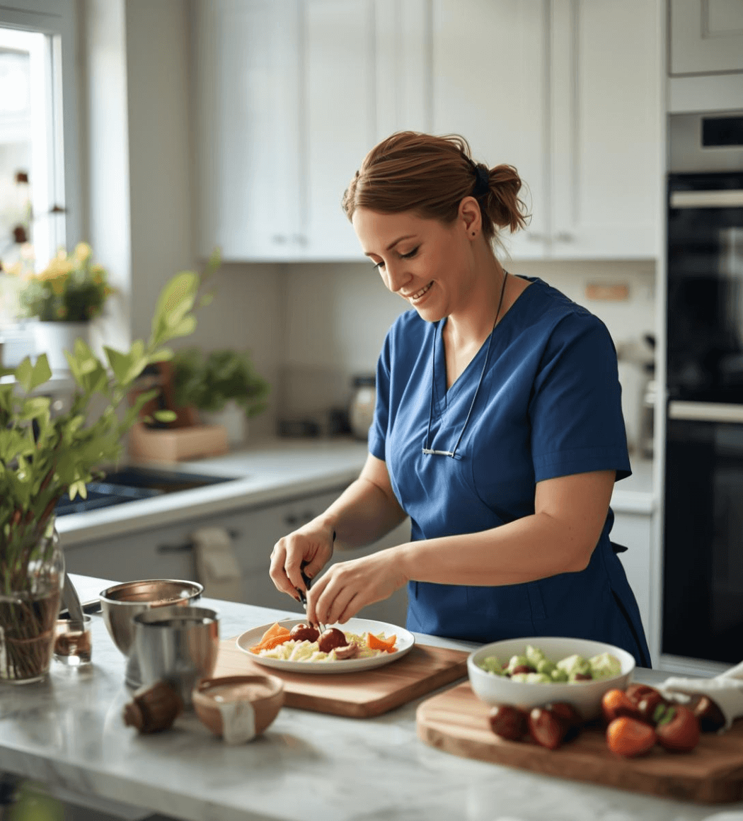 Professional in-home care support worker preparing a healthy meal for a client at home in Ashgrove, Brisbane.