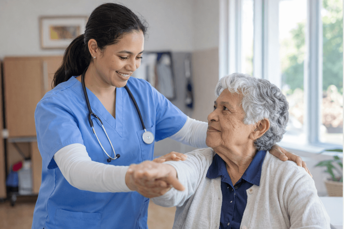 Support worker assisting an elderly woman with mobility, illustrating the difference between disability support, in-home care, and personal care services