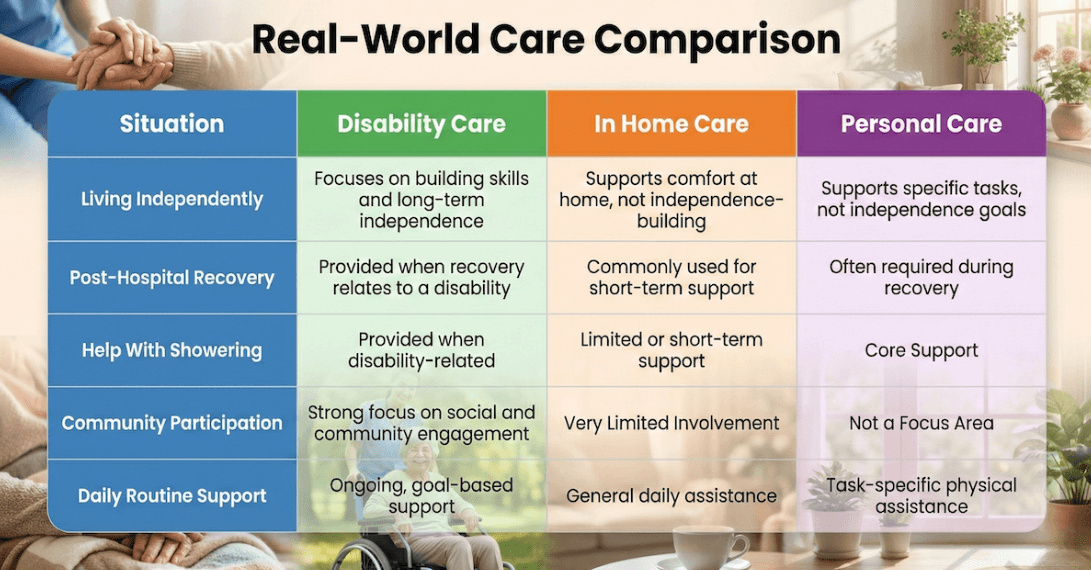 Real-world comparison table showing differences between disability care, in-home care, and personal care across daily living, recovery, and support needs.