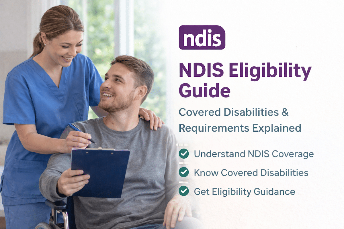 Support worker assisting a man using a wheelchair during an NDIS eligibility assessment, explaining covered disabilities and support requirements.
